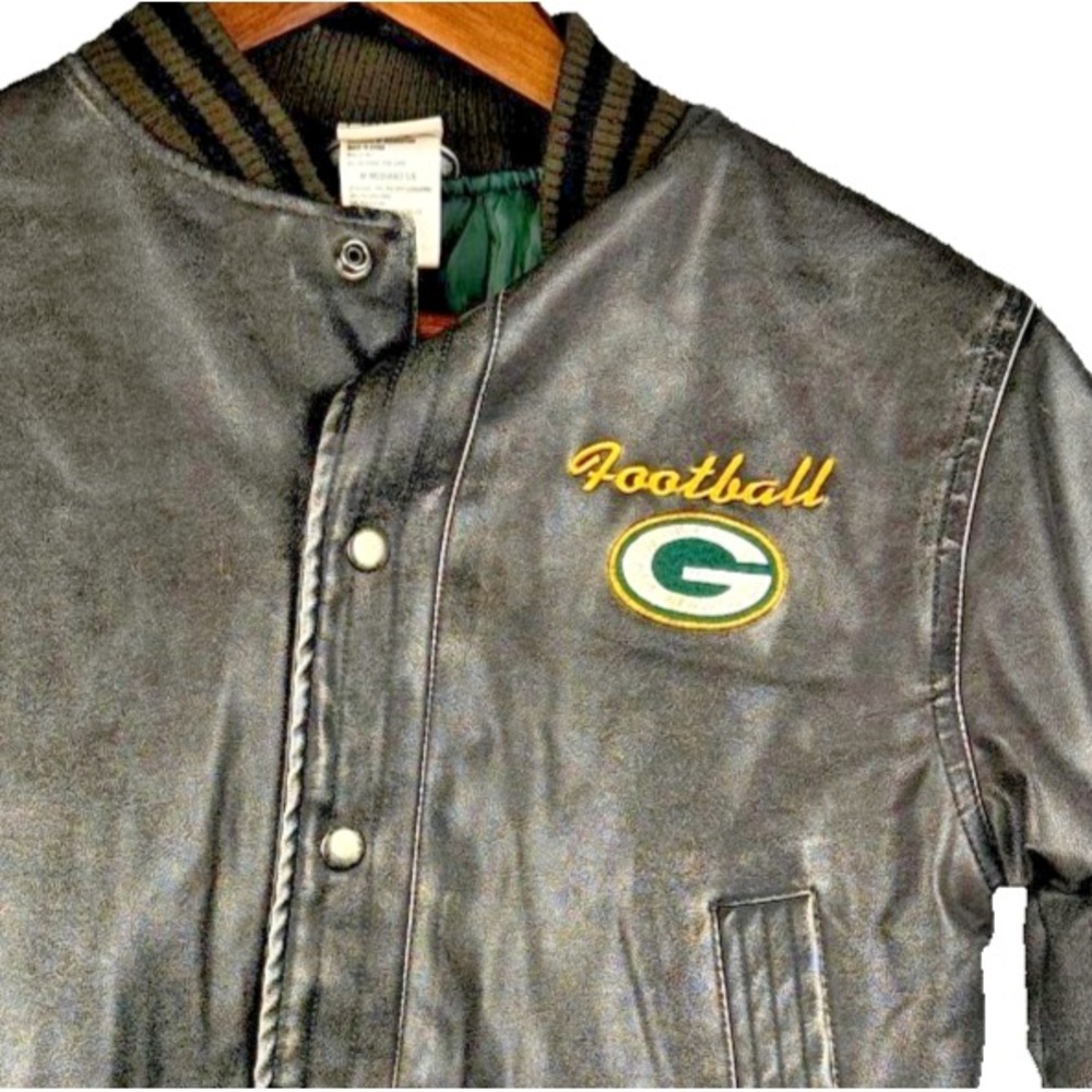 NFL Green Bay Packers Faux Leather Bomber Jacket Black Youth Med 5/6 Distressed